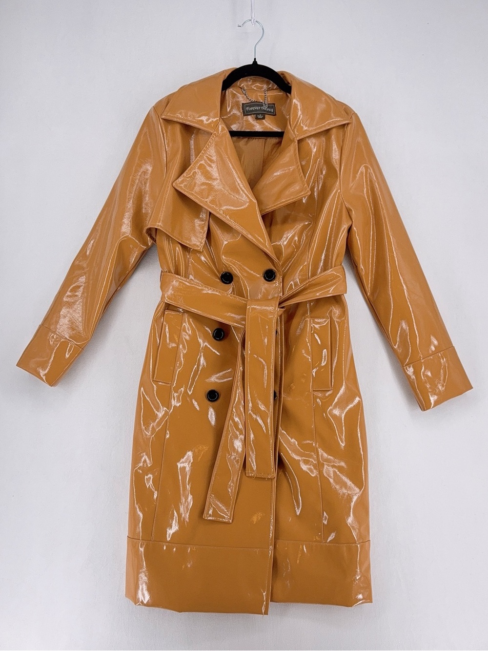 Forever Audrey Shiny Vinyl Carmel Tan Trench coat PVC raincoat rain Jacket M